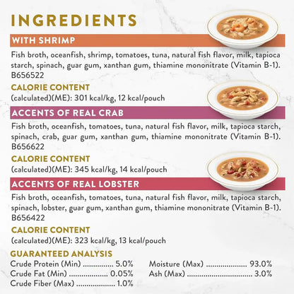 Purina Fancy Feast Broth Seafood Bisque Complement Variety Pack Gourmet Grain-Free Lickable Cat Food Topper, Pack of 12, 1.4 Oz. Pouches5