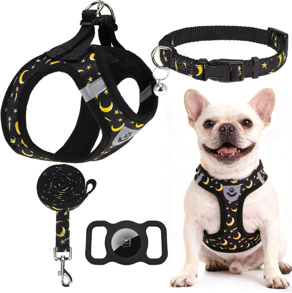 EXPAWLORER Plaid Small Dog Harness and Leash Set with Airtag Holder - No Pull Soft Padded Step in Dog Vest Harness Medium Sized Dog, Reflective Puppy Harness, Collar and Leash for Walking, Khaki S31
