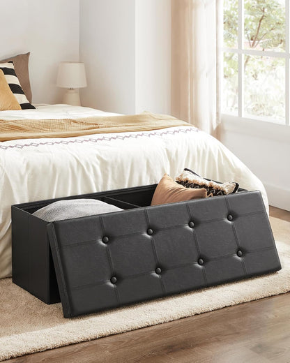 SONGMICS MAZIE Collection - 43 Inches Folding Storage Ottoman Bench, Ottoman with Storage, Foot Rest Stool, Load 660 Lb, for Living Room, Synthetic Leather, Black ULSF7012