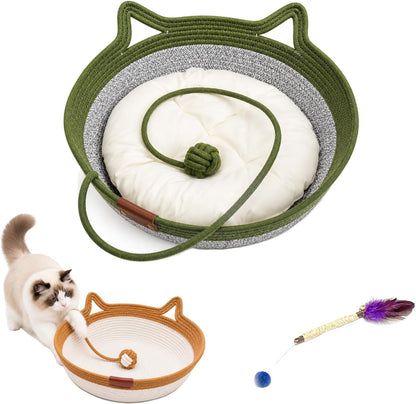 Handwoven Cat Basket Bed, Cotton Rope round Cat Scratcher Bed with Cats Ear Handles, Breathable Boho Nesting Pet Bed for Kittens and Indoor Cats (Color D,Small)10