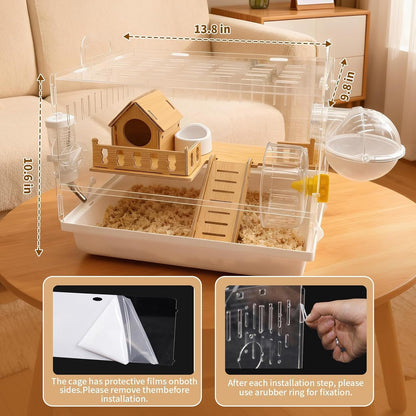 Acrylic Hamster Cage, 2-Tier Hamster Cage with Wooden Accessories for Dwarf Syrian Hamsters,14"X10"X*11" Clear Pet Mice Small Hamster Habitat Gerbils House3