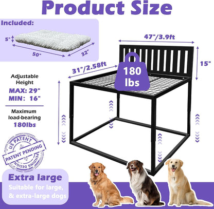 Beside Dog Bed,Adjustable Height Dog Bunk Beds,47''X 31'' Metal Dogs Bed Frame with Cushion,X-Large3