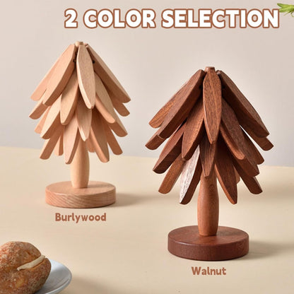 Wooden Tree Trivets,Trivets for Hot Dishes, Tree Coasters | Set of 5 with Stand, Foldable Kitchen Trivets 1 Stand like a Christmas Tree Trivets for Pots, Pans, Bowls & Teapots2