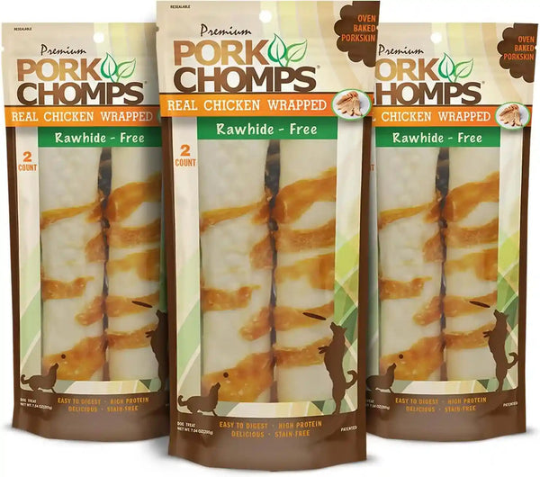 Pork Chomps Baked Pork Skin Dog Chews, 8 in Rolls, Chicken, 2 Count | Made with a Real Chicken Wrap over Oven-Baked Pork Skin - Rawhide-Free, Low in Fat, and Easy to Digest8