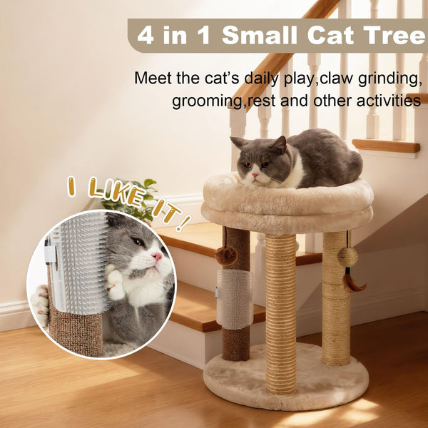 MECOOL 4In1 Small Cat Tree,Scratching Post with Tower Soft Bed, Sisal Carpet Jute Posts with Three Hanging Ball Toys and Massage Brush for Indoor Cats and Kittens2