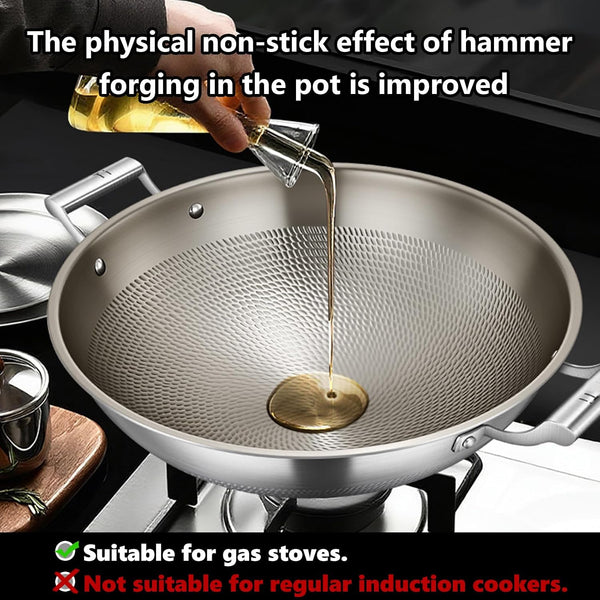 Titanium Wok, Titanium Pans for Cooking, Hammered Pan Pro Cookware | round Bottom Double Handles, PFAS/PFOA/PTFE Free, Non Stick Ultra-Durable Scratch-Resistant Even Heating, with Lid 17.72In4