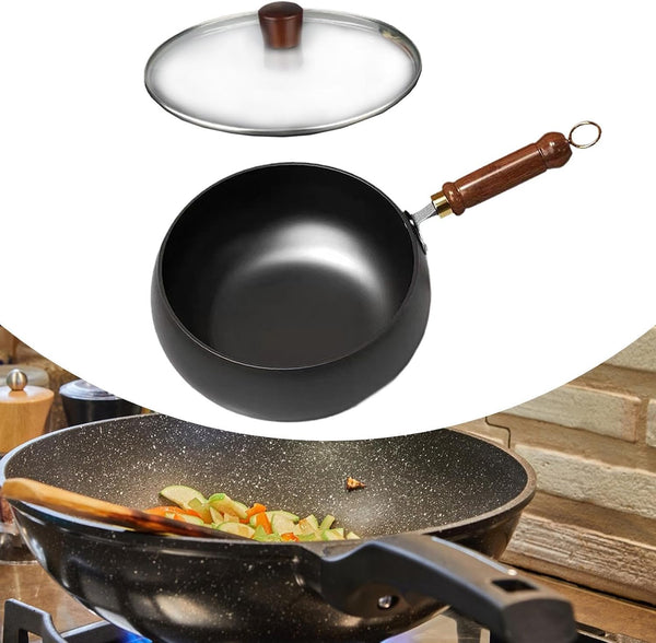 Refined Iron Wok with Wood Handle and Glass Lid, 9.45 in Flat Bottom Nonstick Stir Fry Pan for Gas, Induction, and All Stovetops3