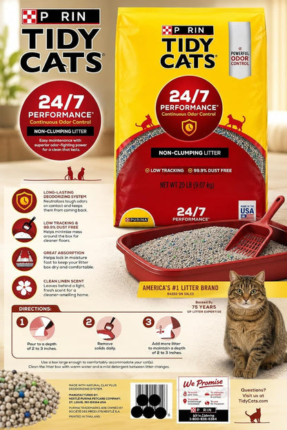 Cat Litter Non Clumping 20 Lb Bag, 24 * 7 Odor Control Formula for Multi Cat Homes2