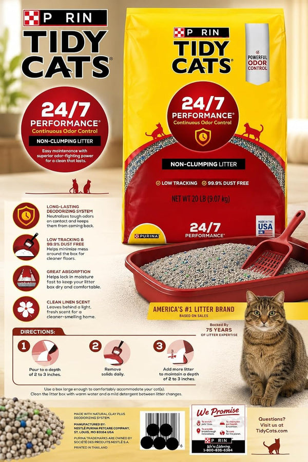Cat Litter Non Clumping 20 Lb Bag, 24 * 7 Odor Control Formula for Multi Cat Homes2