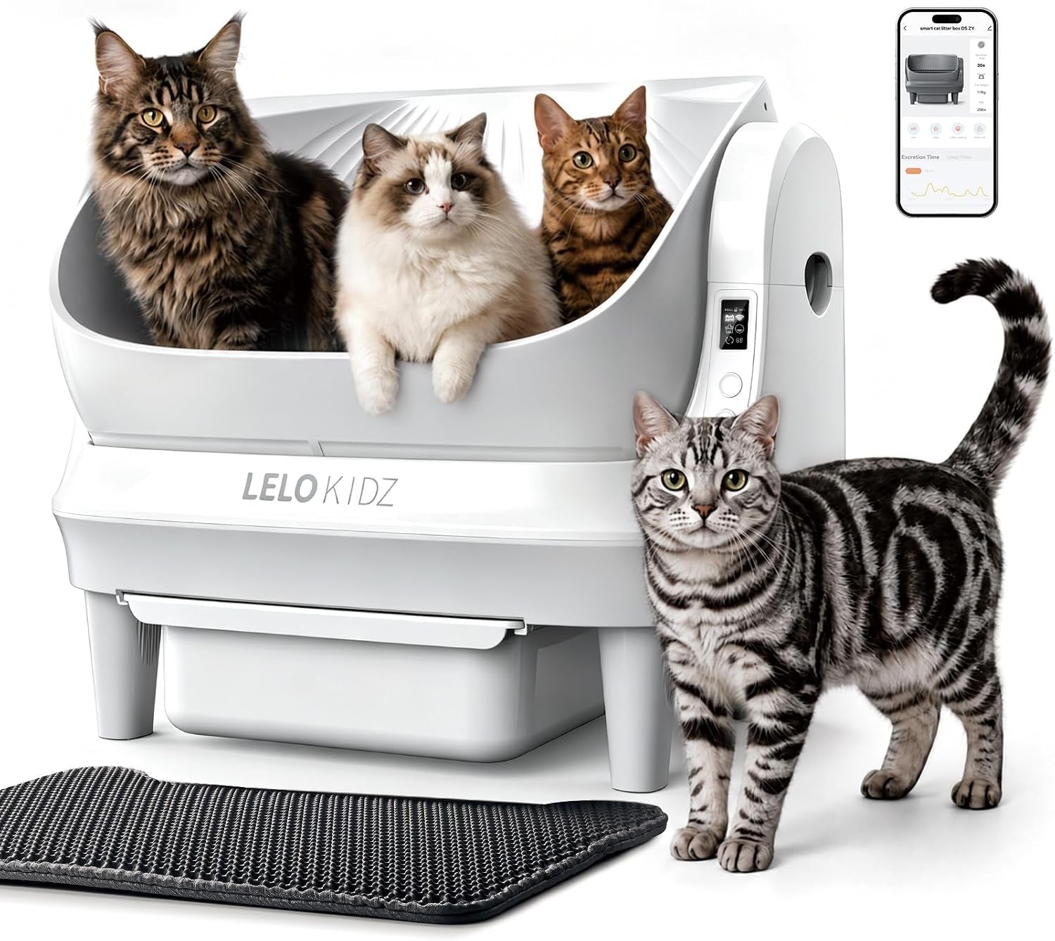 self-cleaning-litter-box-open-top-105l-automatic-litter-box-for-multiple-cats-app-control-safety-sensor-anti-pinch-includes-mat-liner-gray