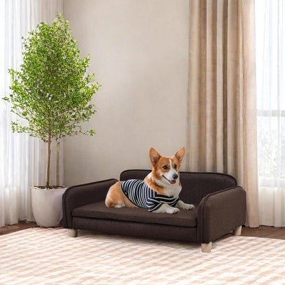 Big Sized Dog Bed -Wooden Frame Pet Sofa Couch, Washable Cushion Cat Couch, Linen Fabric Dog Sofa and Chair for Medium Pet Rest. (Brown)5