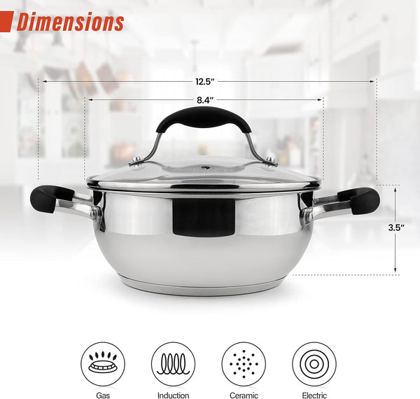 18/10 Stainless Steel Everyday Pan, Stir Fry Pan with Five-Ply Base, Chef’S Pan with Glass Lid, Multipurpose Stewpot Skillet, Saute Pan, Casserole in Pots and Pans (8 Inch)3