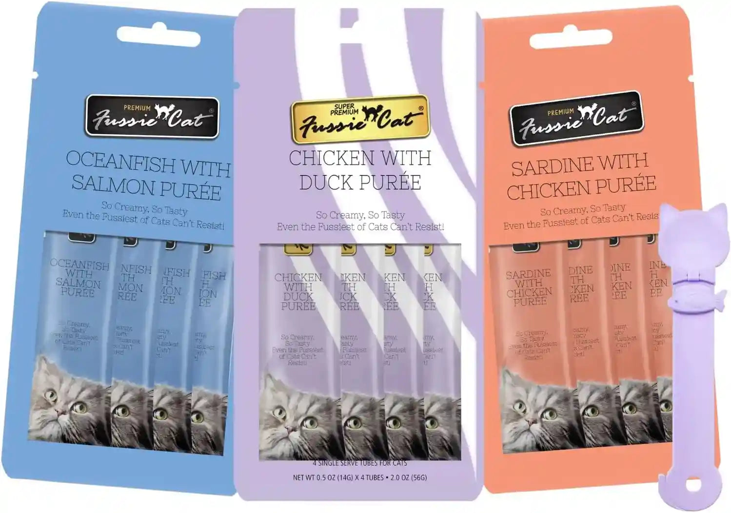 fussie-cat-premium-puree-lickable-cat-treats-in-chicken-puree-lickable-treats-3-packs-of-4-0-5oz-tubes-12-total-tubes-variety-flavor-pack-of-3-flavors-oceanfish-sardine-chicken-lid