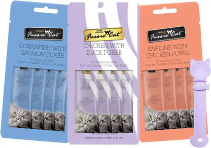 Fussie Cat Premium Puree Lickable Cat Treats in Chicken Puree, Lickable Treats, 3 Packs of 4-0.5Oz Tubes,(12 Total Tubes) Variety Flavor Pack of 3 Flavors. Oceanfish, Sardine, Chicken + Lid1