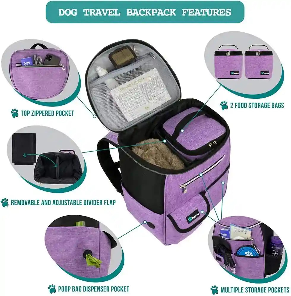 petami-dog-travel-bag-backpack-27l-airline-approved-pet-supplies-organizer-with-2-food-containers-2-collapsible-bowls-poop-bag-dispenser-weekend-road-trip-camping-dog-mom-gift-purple