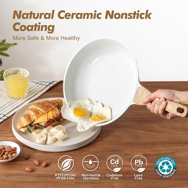 Ceramic Nonstick Frying Pan Skillets, White (8+11Inch with Lid) | Healthy Ceramic Nontoxic Coating, PTFE & PFAS Free. Compatible with All Stoves Including Induction Cooktops. Easy to Clean.2