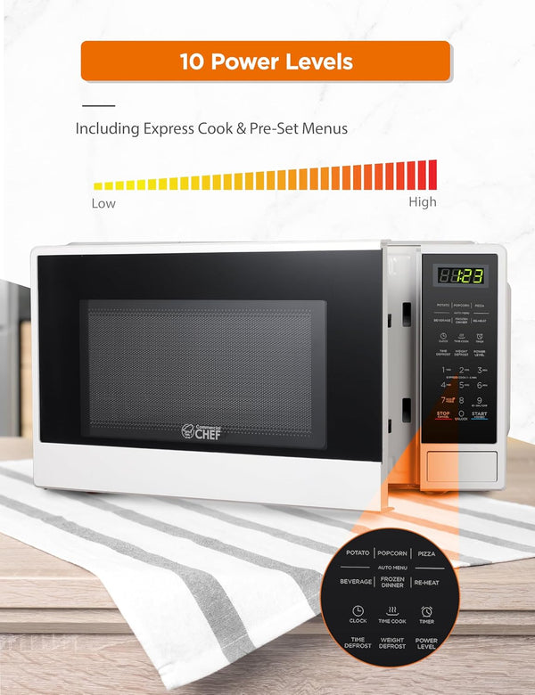 1.1 Cu. Ft. Countertop Microwave Oven, CHCM11100W, White | Touch Controls with Digital LED Display, 1100W Microwave, 12.4” Turntable, Push Button Door, 10 Power Levels3
