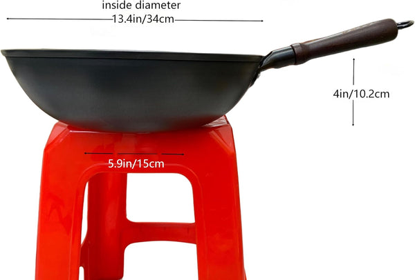 Chinese Wok with Lid, 13.4 Inch Flat Bottom, Cast Iron | Stir-Fry Deep Fryer, Uncoated for Open Fire, PFAS PFOA Free, Riveted Solid Wood Handle, for about 3-5 People4