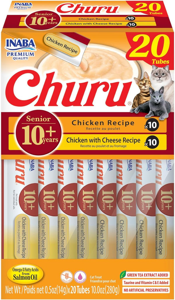 INABA Churu Senior Lickable Cat Treats, Chicken Variety, 20Ct | Senior 10+ Support, Brain Support, Immune Support, 90% Moisture, 7 Calories, Grain-Free, 20 X 0.5 Oz Tubes1