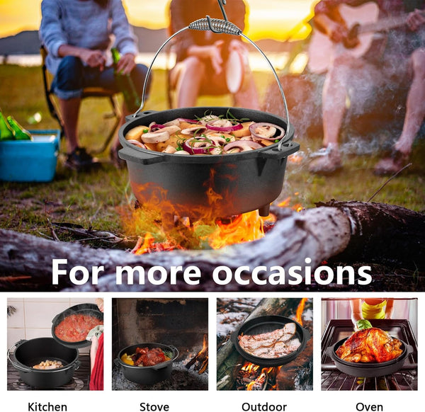 7 QT Cast Iron Dutch Oven, Large 2 in 1 Camp Pre-Seasoned Deep Pot & Lid Skillet Pan, Heavy Thick 7 Quart Multiple Cookware with Feet for Outdoor Camping Baking, Bracket and Lid Lifter6