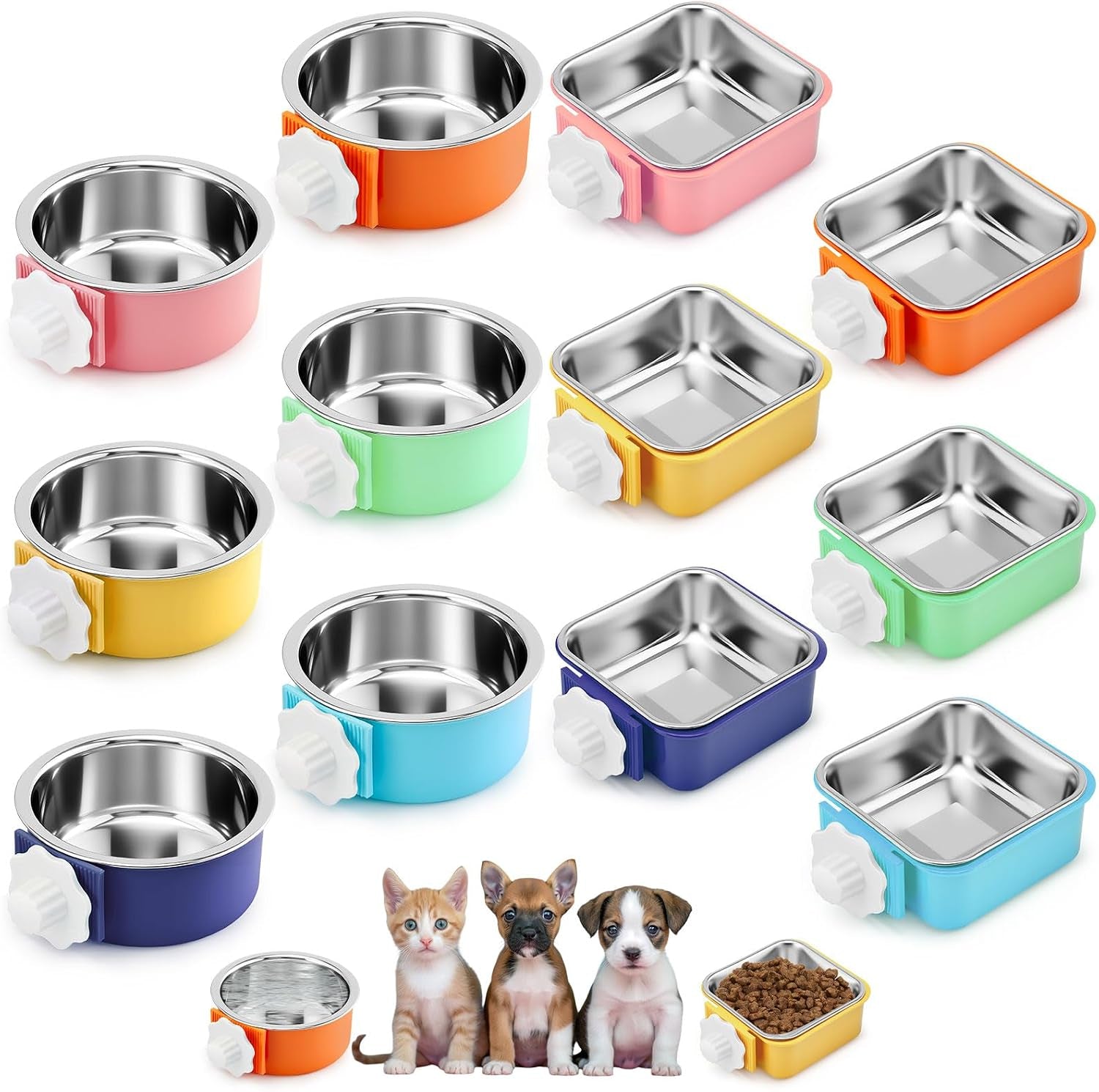 lemonroad-12-pcs-dog-crate-water-bowl-bulk-no-spill-hanging-for-kennel-removable-stainless-steel-puppy-food-water-feeding-bowls-cage-coop-cup-for-dogs-cats-rabbits-birds-ferretsquare-bowl