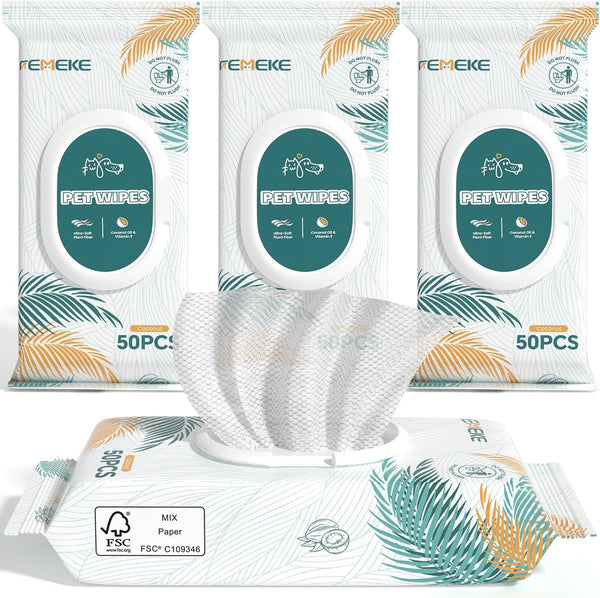 200 Count Dog Wipes & Cat Wipes (4X50 Packs) | Hypoallergenic, Ph Balanced for Paws, Body, Face & Grooming |All-Natural Plant Fiber Wipes with Aloe, Coconut Oil & Vitamin E |Pearl Texture1