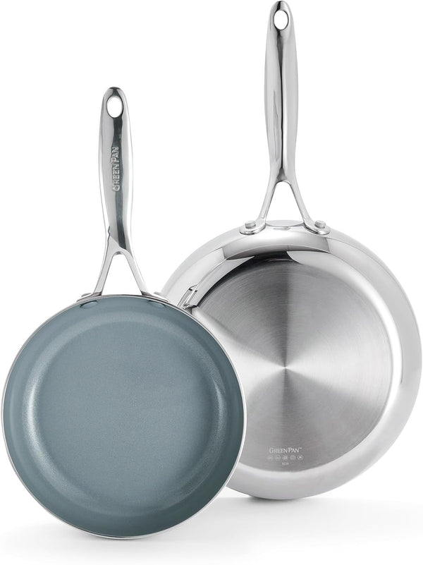Valencia Pro Tri-Ply Stainless Steel 8” & 10” Frying Pan Skillet Set, Pfas-Free Ceramic Nonstick Coating, Induction Ready Cookware, All Cooktops, Eggs & Omelets, Dishwasher & Oven Safe 600F1