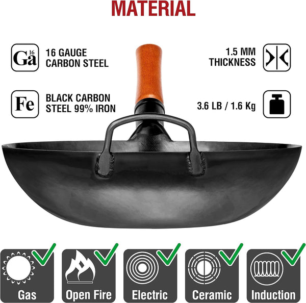Carbon Steel Flat Bottom Wok Pan 13,5“ with Pre-Seasoned Utensils Set - Blue Carbon Steel 17-Inch Wok Spatula, Ladle, 3 Pairs of Chopsticks4
