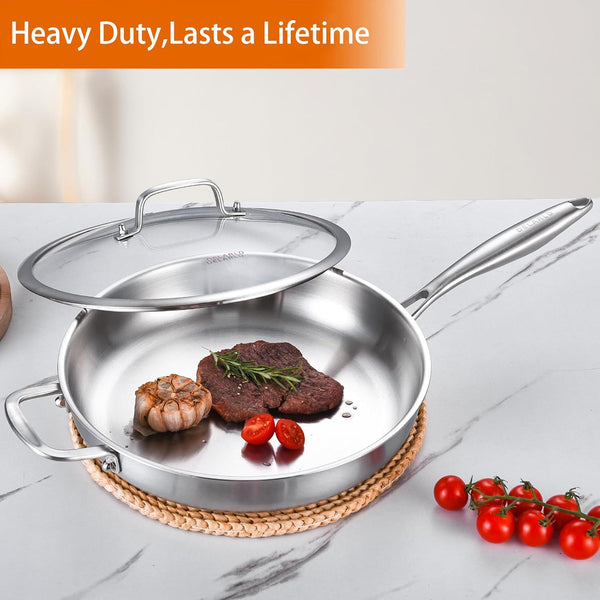 Tri-Ply Stainless Steel Pan with Lid 12Inch | Compatible with All Cooktops Heavy Duty Frying Pan with Lid, 18/10 Large Cooking Surface, Stainless Steel Skillet7