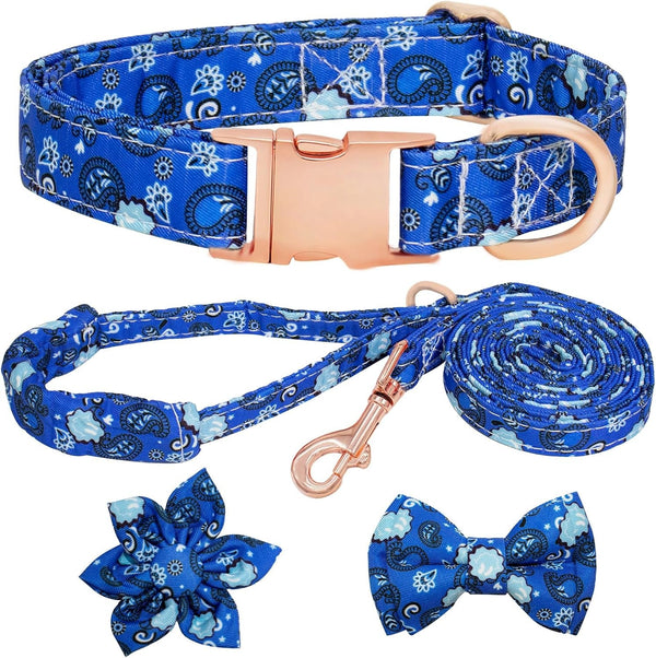 Dog Collar and Leash Set Girls Adjustable Puppy Collars with Floral Bow Tie for Small Medium Large Female Dogs, Orange Flower, S12