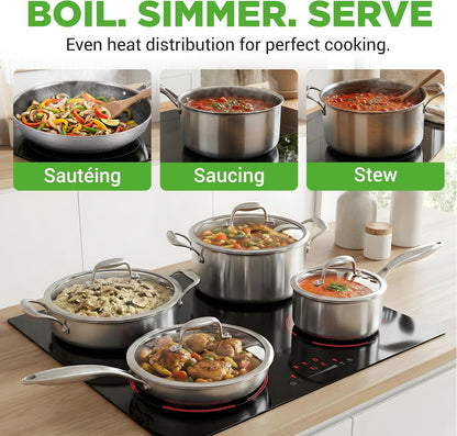 8-Piece Triply Cookware Set Stainless Steel - Triply Kitchenware Pots & Pans Set Kitchen Cookware, Non-Stick Coating - Sauce Pot, Stew Pot, Cooking Pot, Frying Pan, Lids - NC3PLY8Z6
