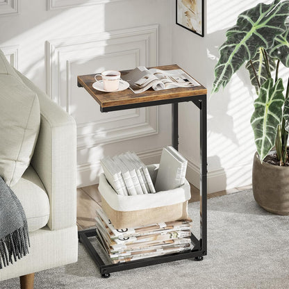 C Shaped End Table, TV Tray for Couch, Small Side Table with Metal Frame, for Living Room Bedroom, Rustic Brown2