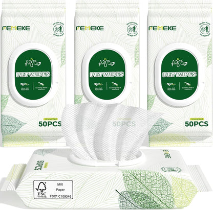 Unscented Dog Wipes & Cat Wipes (4X50 Packs) | Hypoallergenic, Ph Balanced for Paws, Body, Eyes & Ears Grooming |All-Natural Plant Fiber Wipes with Aloe & Vitamin E | Pearl Texture1