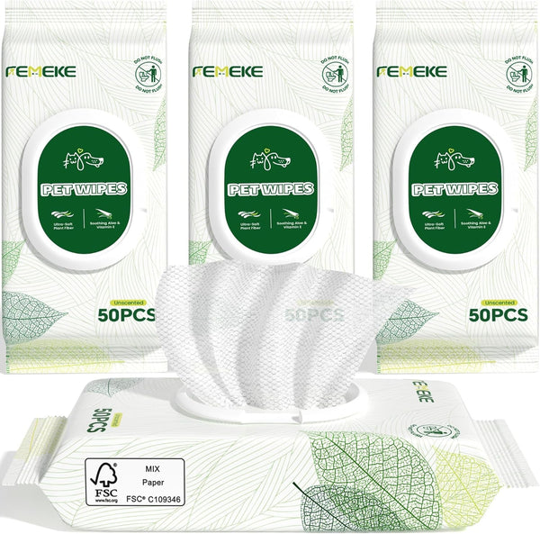 Unscented Dog Wipes & Cat Wipes (4X50 Packs) | Hypoallergenic, Ph Balanced for Paws, Body, Eyes & Ears Grooming |All-Natural Plant Fiber Wipes with Aloe & Vitamin E | Pearl Texture1