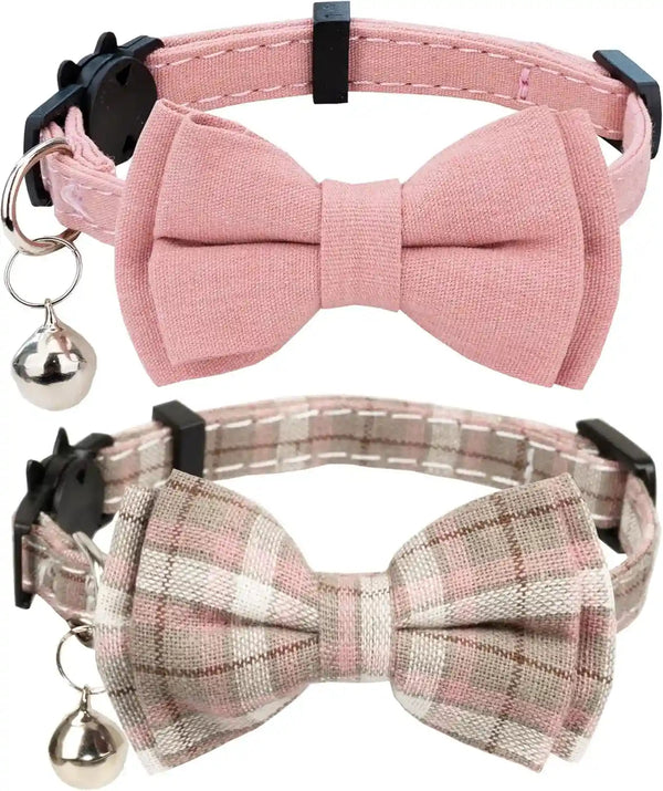 Cat Collar Breakaway Bowtie Safety with Bell Adjustbale Kitten Puppy Solid Plaid Color Set D-[2Pcs] Pink-21