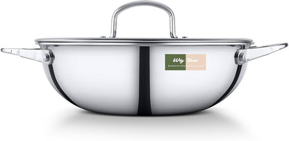 Stainless Steel Wok with Glass Lid, 3 QT - 10.2 Inch / 26 CM Tri-Ply Kadhai, Wide & Deep Cookware Stir-Fry Pans, Dishwasher & Oven Safe, Non-Toxic Cooking Wok Pan, Induction Compatible1