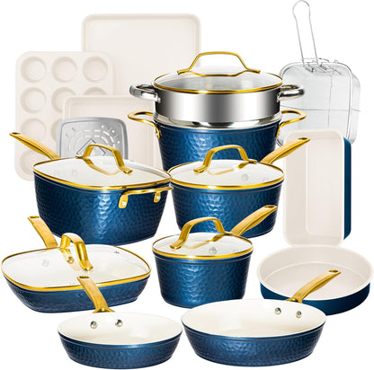 Hammered 20Pcs Ceramic Cookware Set, Induction Pots and Pans Set Non Stick with Deep Fry Pan, Steamer, & Bakeware, Non Toxic PFOA PFOS Free, Oven & Dishwasher Safe1