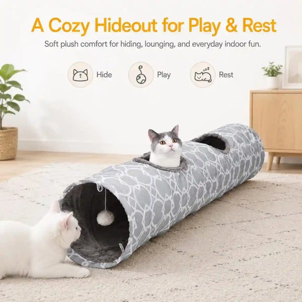 Geometric Straight Cat Tunnel with Plush Inside,Cats Toys Collapsible Tunnel Tube with Balls, for Rabbits, Kittens, Ferrets,Puppy, Diameter 9.8 Inch3