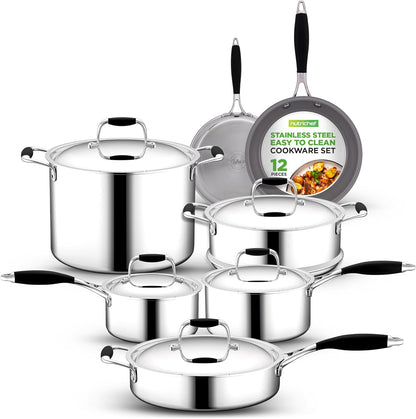 12-Piece Stainless Steel Kitchenware - Pots & Pans Set Clad Kitchen Cookware W/ Silicone Grip Handles, Fry Pan Interior Coated W/ Prestige Ceramic Non-Stick Coating, Stylish Kitchen Cookware1