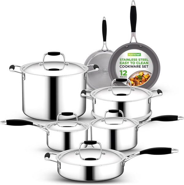 12-Piece Stainless Steel Kitchenware - Pots & Pans Set Clad Kitchen Cookware W/ Silicone Grip Handles, Fry Pan Interior Coated W/ Prestige Ceramic Non-Stick Coating, Stylish Kitchen Cookware1