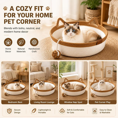 Handwoven Cat Basket Bed, Cotton Rope round Cat Scratcher Bed with Cats Ear Handles, Breathable Boho Nesting Pet Bed for Kittens and Indoor Cats (Color D,Small)5
