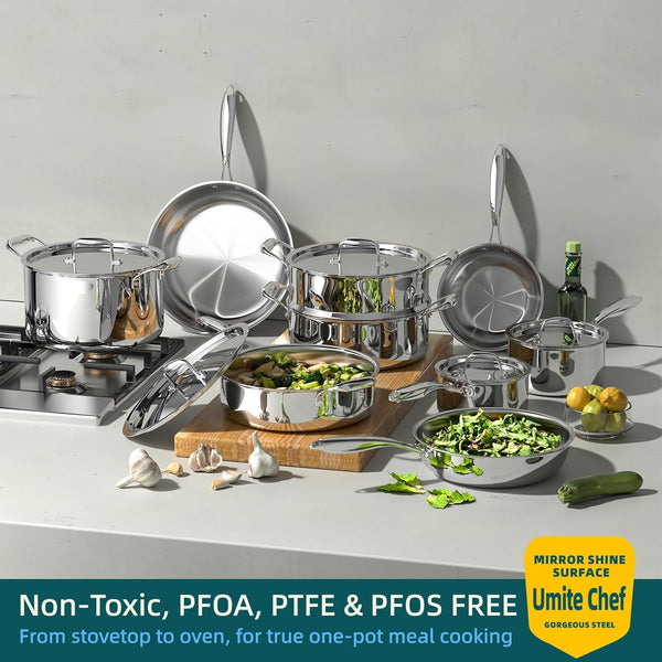 Stainless Steel Cookware Set, 5 Ply 14 Piece Stainless Steel Pot and Pan Set-Induction, Heavy Chef Quality, Oven Safe | Professional Kitchen Cooking Appliances, PFOA, PTFE & PFOS Free2