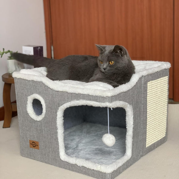 Cat Bed for Indoor Cats,Covered Cat Cave House & Furniture with Scratch Pad,Foldable Cat Hideaway Hut Cute Cat Condo with Soft Washable Mat for Multi Small Pet under 30 Lbs,Light Grey1