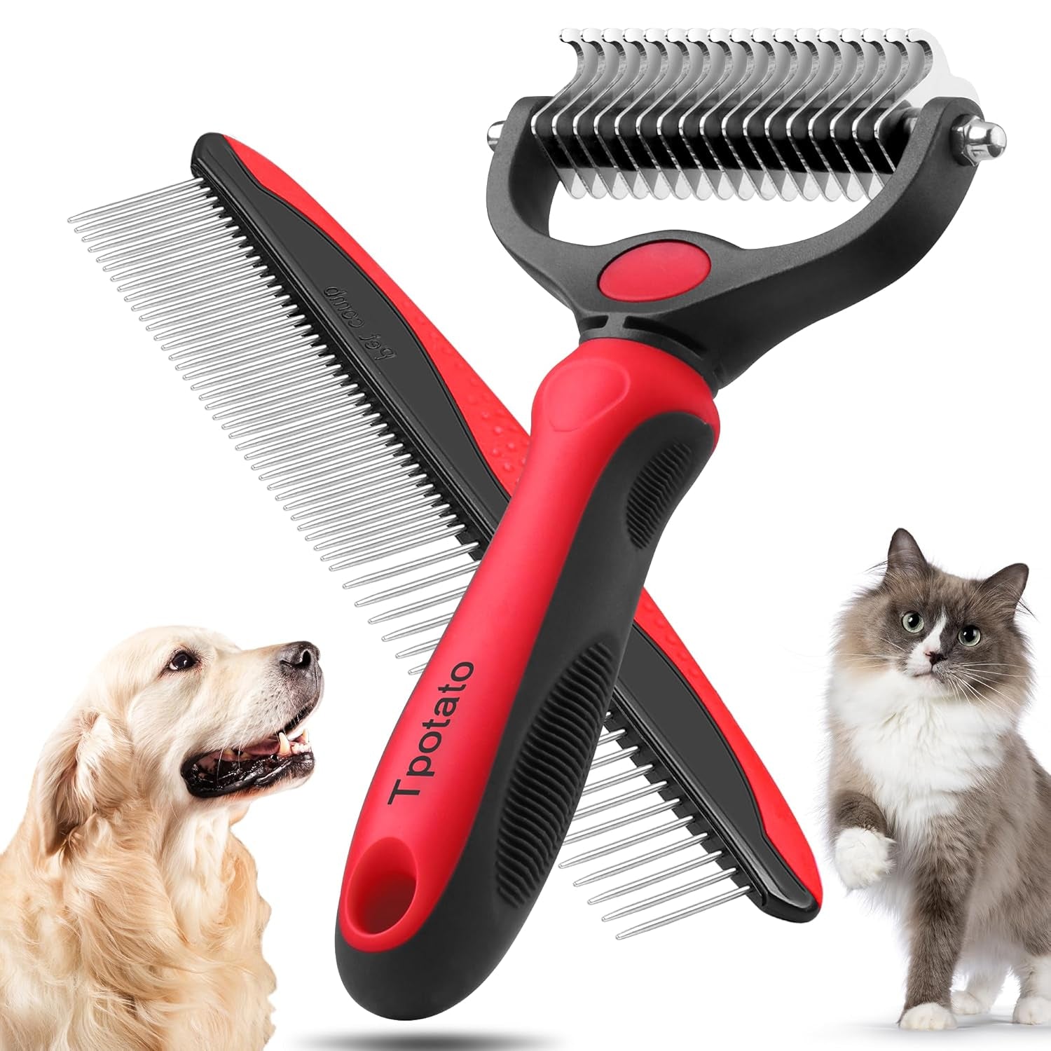 tpotato-deshedding-dog-brush-for-long-haired-dogs-cats-undercoat-shedding-rake-for-dematting-detangling-tangles-matted-fur-and-knots-metal-pet-comb-professional-pet-grooming-supplies-tool-kit-red