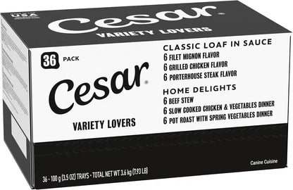 Cesar Wet Dog Food, Steak Lovers Variety Pack, 3.5 Oz, 36 Count | Real Meat #1 Ingredient, Easy Peel Trays, 100% Complete & Balanced, No Fillers, No Added Sugar, No Artificial Flavors24