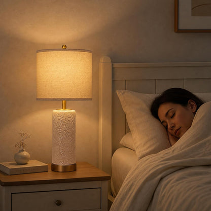25.5" Boho Ceramic Table Lamps Set of 2 with 3-Way Dimmable Bulb | Modern Table Lamp with USB A+C Ports, Rotary Switch, Bedside Lamp with Linen Shade, for Bedroom Living Room (Bulb Included)5