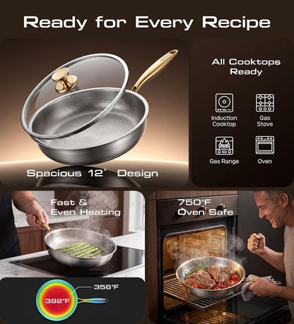 Titanium Pans for Cooking, 12″ Pure Titanium Non Stick Frying Pans with Lid | Coating-Free Healthy Nonstick Cookware, PFAS/PTFE Free, Non Toxic Skillet, Induction & Oven Safe up to 750℉, Dishwasher Safe8