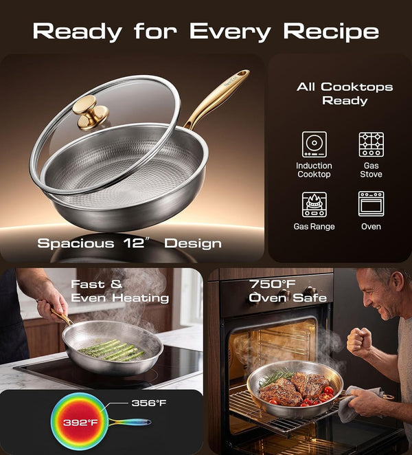 Titanium Pans for Cooking, 12″ Pure Titanium Non Stick Frying Pans with Lid | Coating-Free Healthy Nonstick Cookware, PFAS/PTFE Free, Non Toxic Skillet, Induction & Oven Safe up to 750℉, Dishwasher Safe8