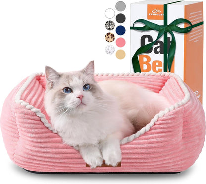 Cat Dog Bed for Pets, Rectangle Pet Bed Gift for Puppy and Kitten, Machine Washable Calming Fluffy Pet Couch Sofa for Indoor Outdoor, Portable Soft Cat Bed with Non-Slip Bottom (Small, Pink)1