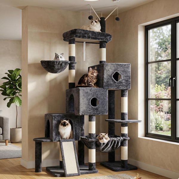 Hey-Brother Cat Tree Tower with 3 Condos, Step Climbing Pathway MPJ081G | 74.8 Inches Scratching Post with 3 House, Hammock, Large Basket, Cozy Bed, Sisal Board, Toys for Big Indoor Cats, Smoky Gray1